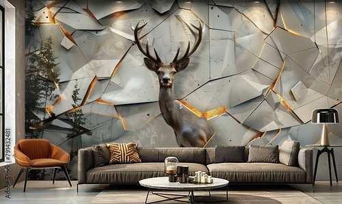 3d interior mural painting wall art decor wallpaper for home living room. 3d modern stereo deer animal with abstract geometric crack stone wall. Generative AI