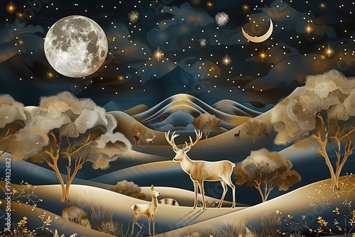 Modern 3D mural wallpaper of a night landscape with moon, stars, deer, golden trees, and gold waves. Wall frame. Generative AI