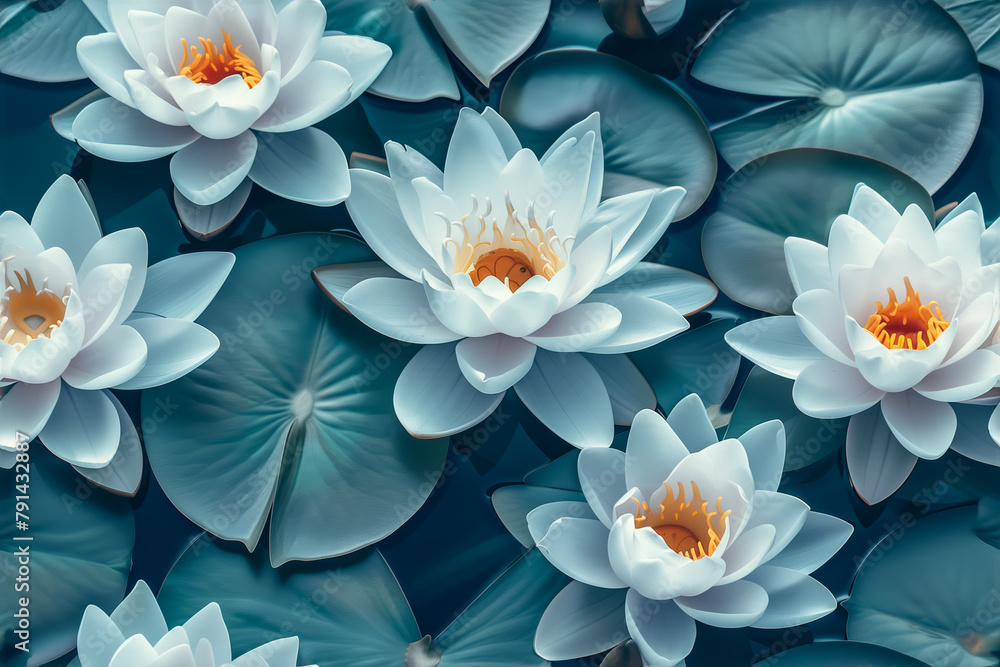 Water lily background, seamless repeat and fully tile-able bckground of white water lilies Nymphaeaceae