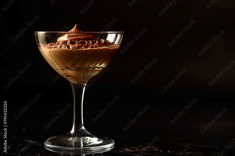 Chocolate mousse in a glass, isolated on a black background