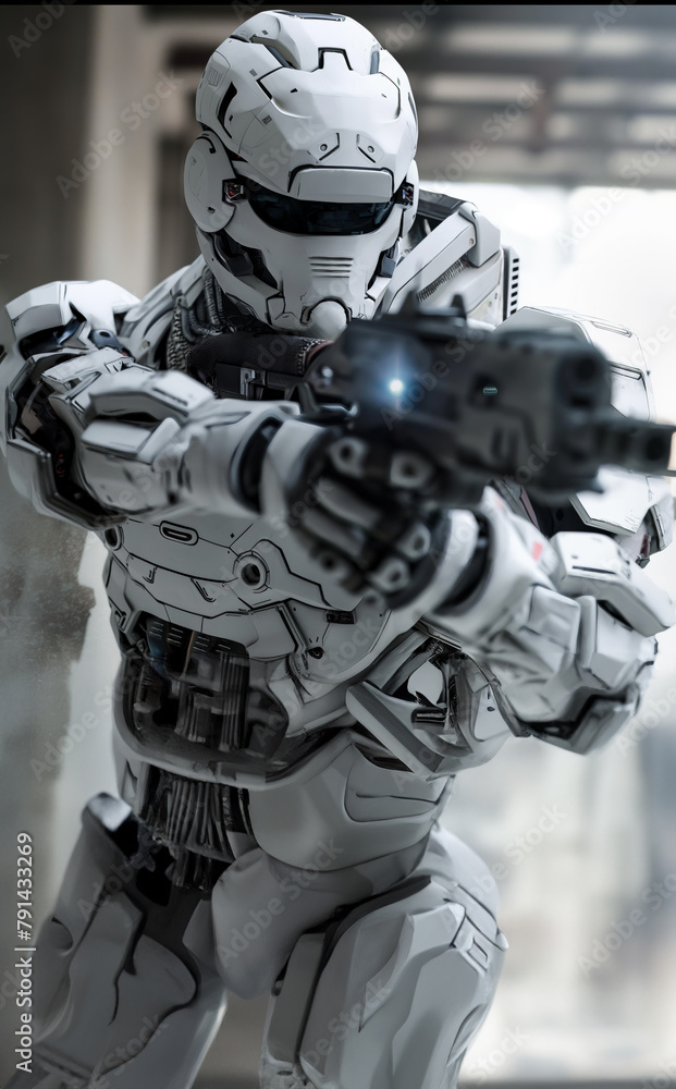 Futuristic AI robot soldiers equipped with advanced weapons in combat Futuristic AI robot soldiers equipped with advanced weapons in combat