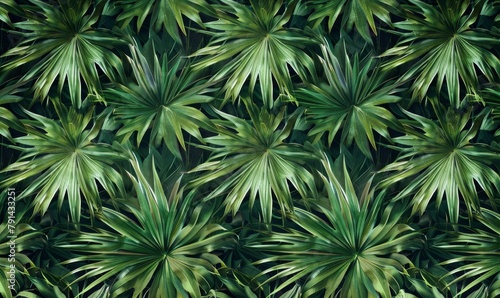 tropical background with green textured palm leaves foliage seamless pattern hand drawn premium vintage 3d illustration luxury wallpapers fabric printing mural cloth poster rags web, Generative AI