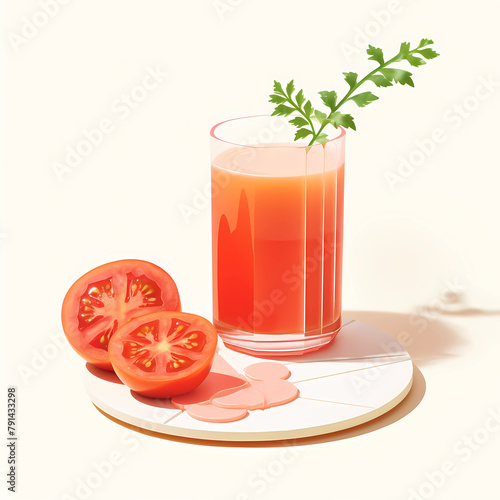 A glass of tomato juice with a sprig of herbs and a tomato cut in half next to it on a round stand