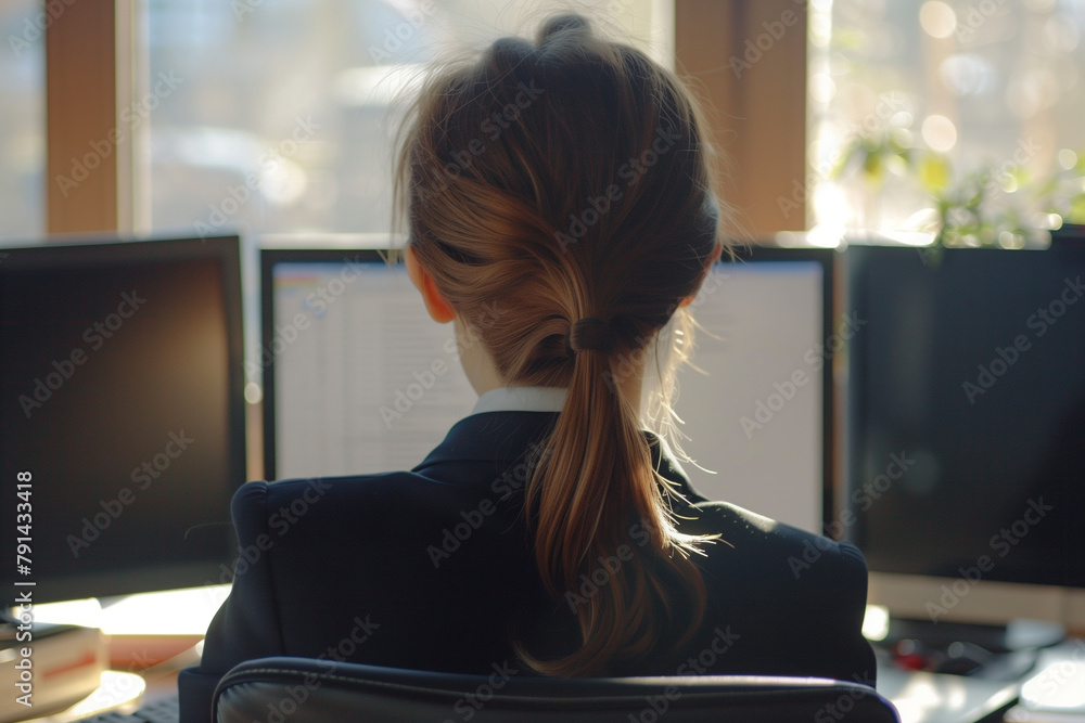 Rear view of businesswoman sitting at desk in office and working on computer Rear view of businesswoman sitting at desk in office and working on computer