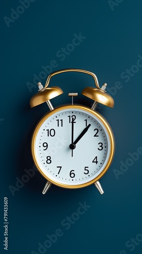 alarm clock on Navy Blue background Minimalistic flat lay,with copy space for photo text or product, blank empty copyspace banner about time management and selfamplement concept. 