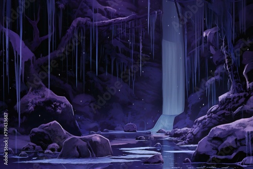 Fantasy landscape with frozen waterfall and icicles,   rendering