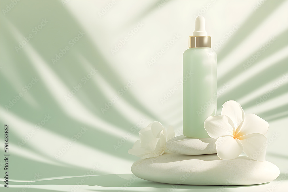 Clean white cosmetic bottle with white flowers on light green background. Blank label package for branding mock-up. Spring cosmetics concept. Natural organic beauty product. Copy text. Clean white cosmetic bottle with white flowers on light green background. Blank label package for branding mock-up. Spring cosmetics concept. Natural organic beauty product. Copy text.