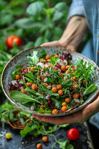 A gardenfresh salad sprinkled with tiger nuts and fresh herbs from a culinary herb garden photo