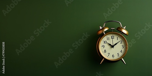 alarm clock on olive background Minimalistic flat lay,with copy space for photo text or product, blank empty copyspace banner about time management and selfamplement concept. 