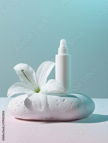 Clean white cosmetic bottle with white flowers on light blue background. Blank label package for branding mock-up. Spring cosmetics concept. Natural organic beauty product. Copy text.