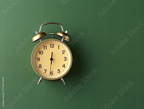 alarm clock on olive background Minimalistic flat lay,with copy space for photo text or product, blank empty copyspace banner about time management and selfamplement concept. 