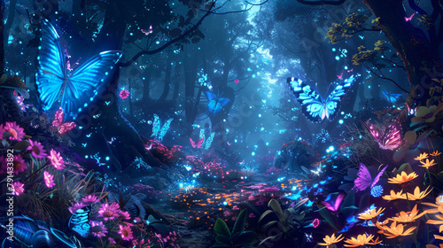Colorful fantasy forest foliage at night glowing flowers 