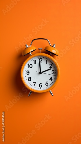 alarm clock on orange background Minimalistic flat lay,with copy space for photo text or product, blank empty copyspace banner about time management and selfamplement concept. 