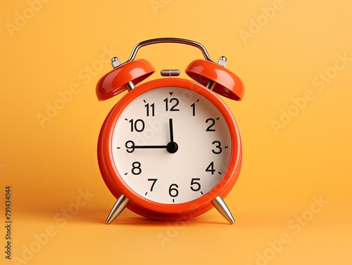 alarm clock on orange background Minimalistic flat lay,with copy space for photo text or product, blank empty copyspace banner about time management and selfamplement concept. 