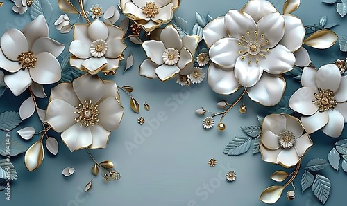 3d mural illustration white & blue background with golden jewelry and flowers, in black decorative wallpaper, Generative AI © Aditi Tales