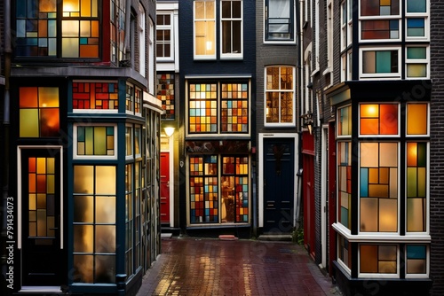 Amsterdam street at night with colorful windows and lanterns, Netherlands