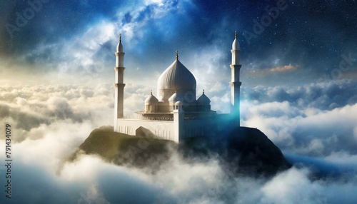 beautiful masjid at the edge of the world; magical and divine concept with clouds on background 