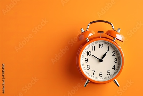 alarm clock on Orange background Minimalistic flat lay,with copy space for photo text or product, blank empty copyspace banner about time management and selfamplement concept.