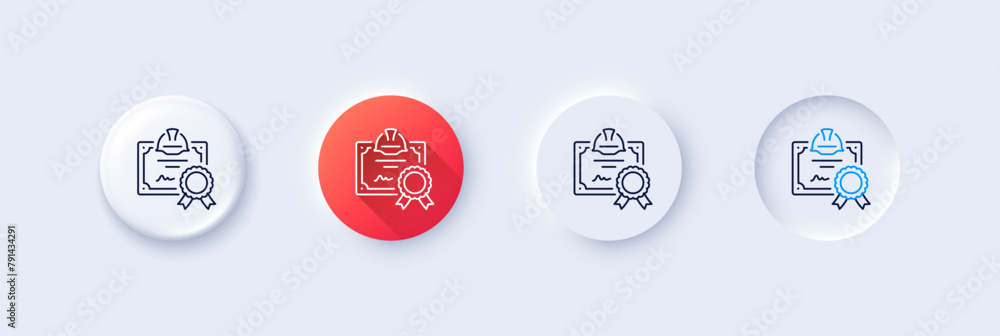 Engineering certificate line icon. Neumorphic, Red gradient, 3d pin buttons. Technical documentation sign. Construction award symbol. Line icons. Neumorphic buttons with outline signs. Vector