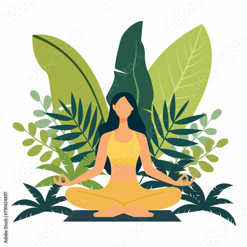 Woman Sitting is Practicing Yoga Meditation with Green Leaves Background