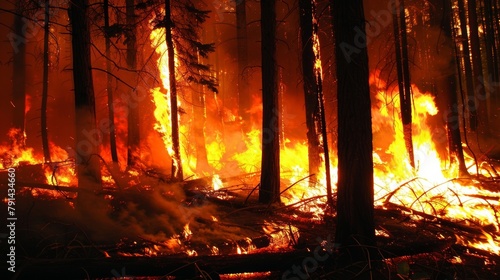 Closeup of a raging forest fire a devastating consequence of deforestation and unsustainable practices. . photo