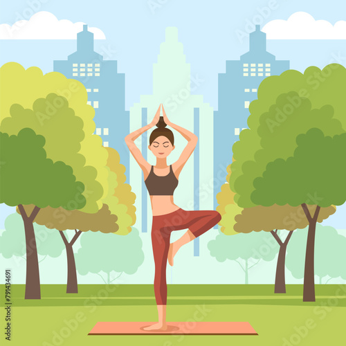 Woman is Practicing Yoga Pose Sport Meditation in City Park with Cityscape Building