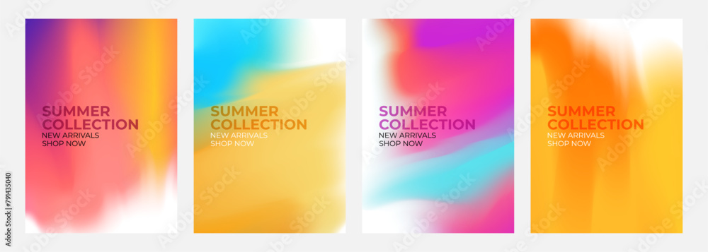 Summer Collection. New Arrivals. Promotional flyers set. Summertime season abstract blurred color backgrounds for business, seasonal shopping promotion and advertising. Vector illustration.