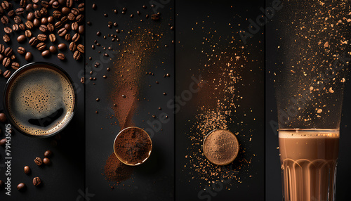 Collage of aromatic coffee beverage with roasted beans and powder photo