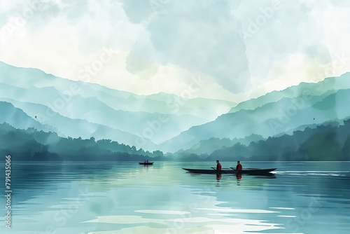 Illustration of rowers gliding peacefully on a misty river, with lush hills in the background