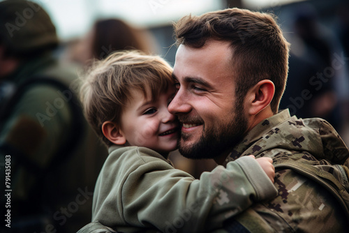 AI generated image of happy soldier spending time with family hugging child