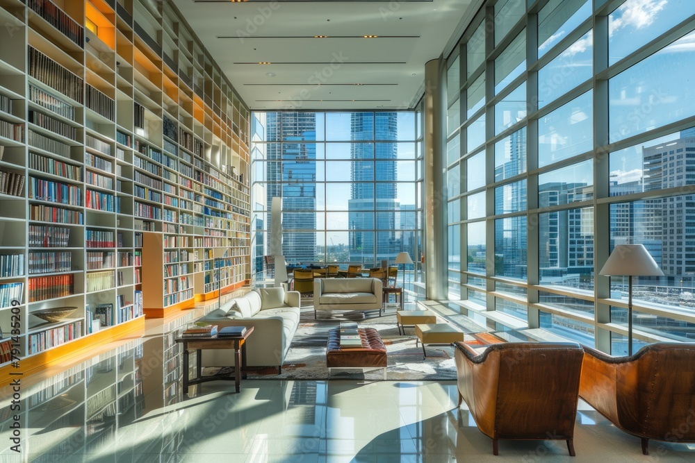 Modern library interior with bookshelves and modern cityscape in background Modern library interior with bookshelves and modern cityscape in background
