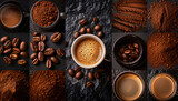 Collage of aromatic coffee beverage with roasted beans and powder