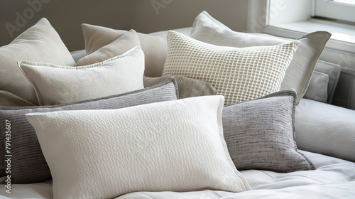  Elegantly Arranged White and Grey Bed Pillows in Cozy Bedroom