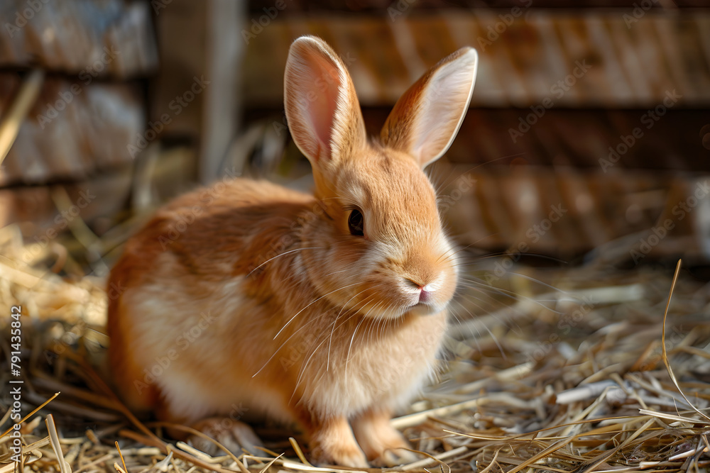 Small brown rabbit on straw in rustic setting, adorable farm animal portrait for Easter or spring themes Small brown rabbit on straw in rustic setting, adorable farm animal portrait for Easter or spring themes