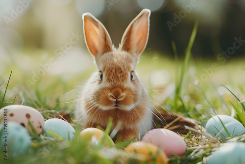 Brown bunny with colorful Easter eggs on grass, festive outdoor scene for Easter celebration themes photo