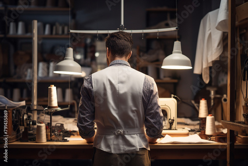Generative AI young business owner standing on clothing store fabric clothing production boutique