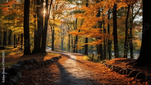 Front view of a forest path during autumn  with leaves changing color  emphasizing the dynamic and cyclical nature of ecosystems