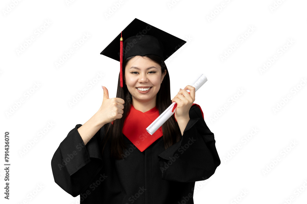 PNG Asian girl in university graduate uniform isolated on white background. PNG Asian girl in university graduate uniform isolated on white background.