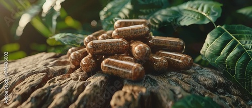 Discover the benefits of Yohimbe extract through a cluster of Yohimbe bark or a bottle of herbal supplement capsules photo