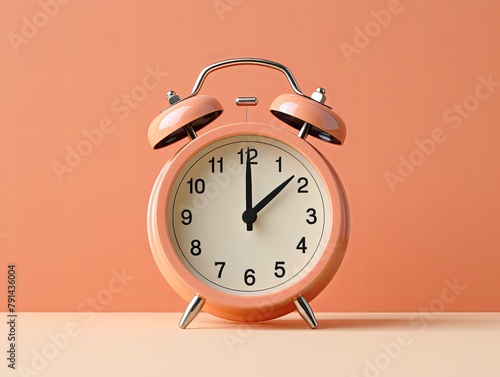 alarm clock on peach background Minimalistic flat lay,with copy space for photo text or product, blank empty copyspace banner about time management and selfamplement concept.