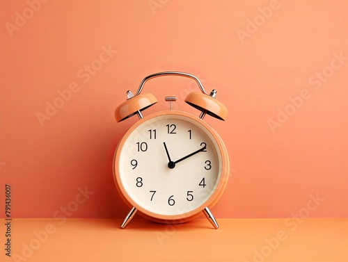 alarm clock on peach background Minimalistic flat lay,with copy space for photo text or product, blank empty copyspace banner about time management and selfamplement concept.