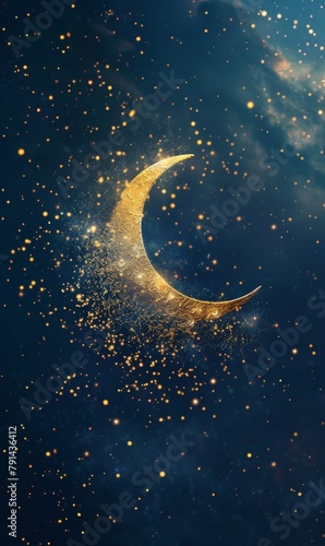 Golden crescent moon with stars and clouds on dark night sky background