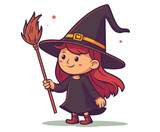 Cute cartoon witch with a broom, minimalistic funny flat illustration cut from the background
