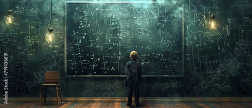 Dive into the world of mathematics with a 2D illustration of a mathematician solving complex equations on a chalkboard photo