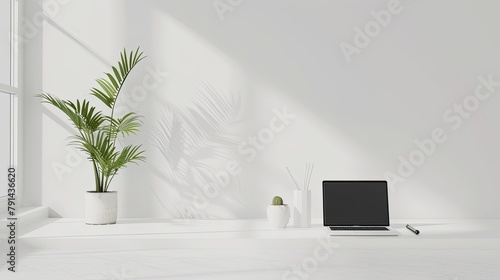 Minimalist home office interior with a clean desk, laptop, potted plant 