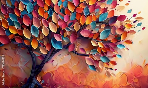 Colorful tree with leaves on hanging branches illustration background. 3d abstraction wallpaper . Floral tree with multicolor leaves, Generative AI