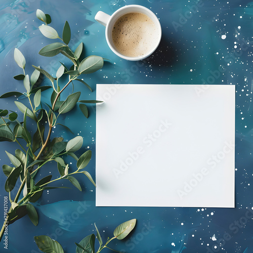 white blank message card on green space background with green leaves and cup of coffee, blank card with copy space, universe