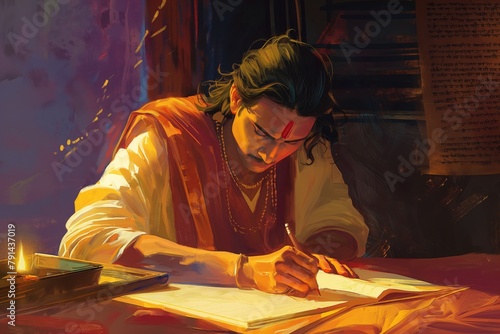 Illustrated Indian writer deeply involved in writing by the light of an oil lamp