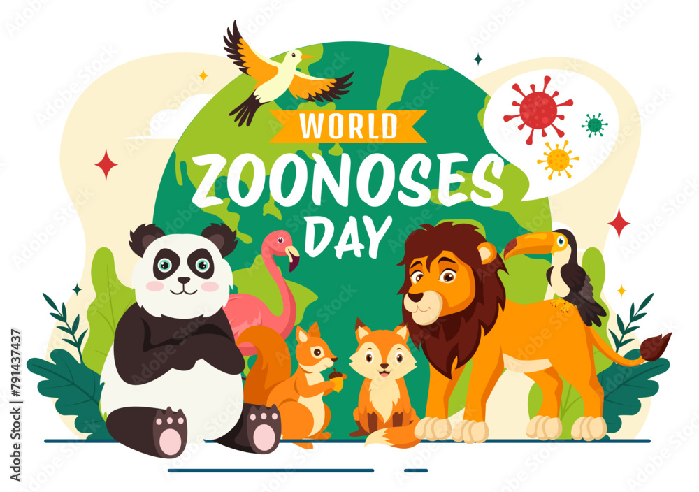 Fototapeta premium World Zoonoses Day Vector Illustration on 6 July with Various Animals and Plant which is in the Forest to Protect in Flat Cartoon Background Design