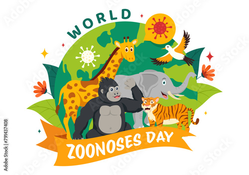 World Zoonoses Day Vector Illustration on 6 July with Various Animals and Plant which is in the Forest to Protect in Flat Cartoon Background Design
